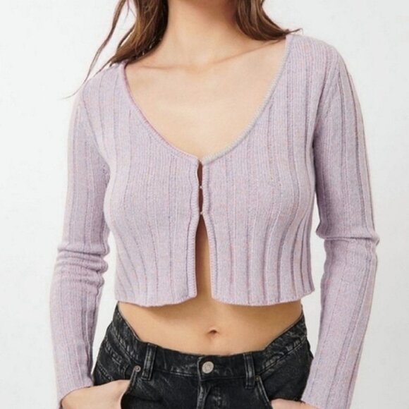 Garage Sweaters - Garage Cotton Knit Ribbed Lilac Cropped Cardigan